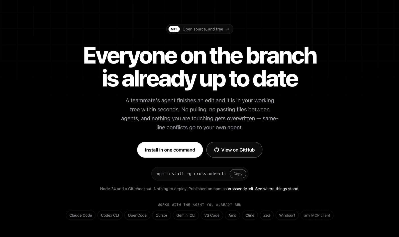 screenshot of the crosscode landing page on a black background